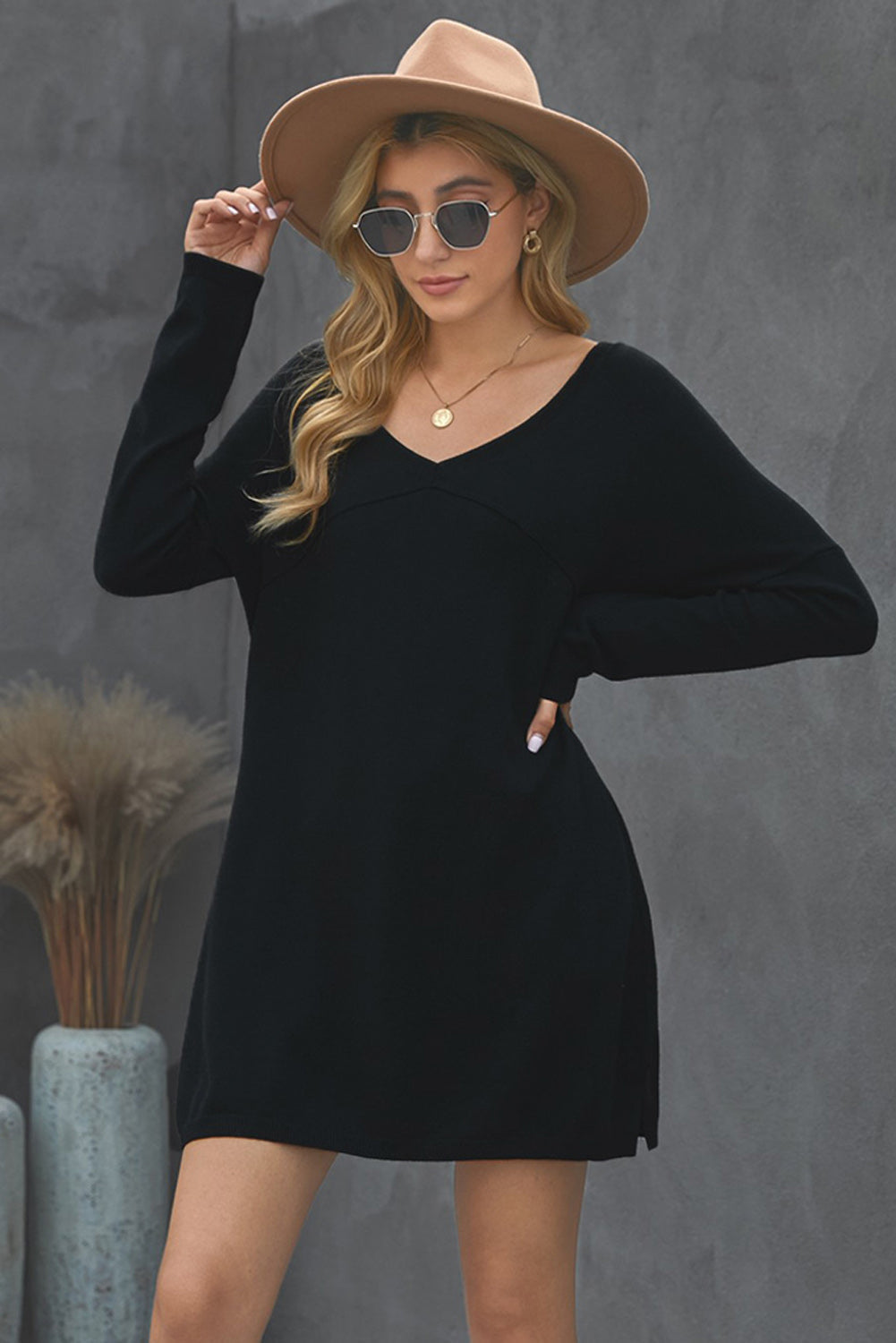 Women Gray Soft V Neck Sweater Dress Sai Feel