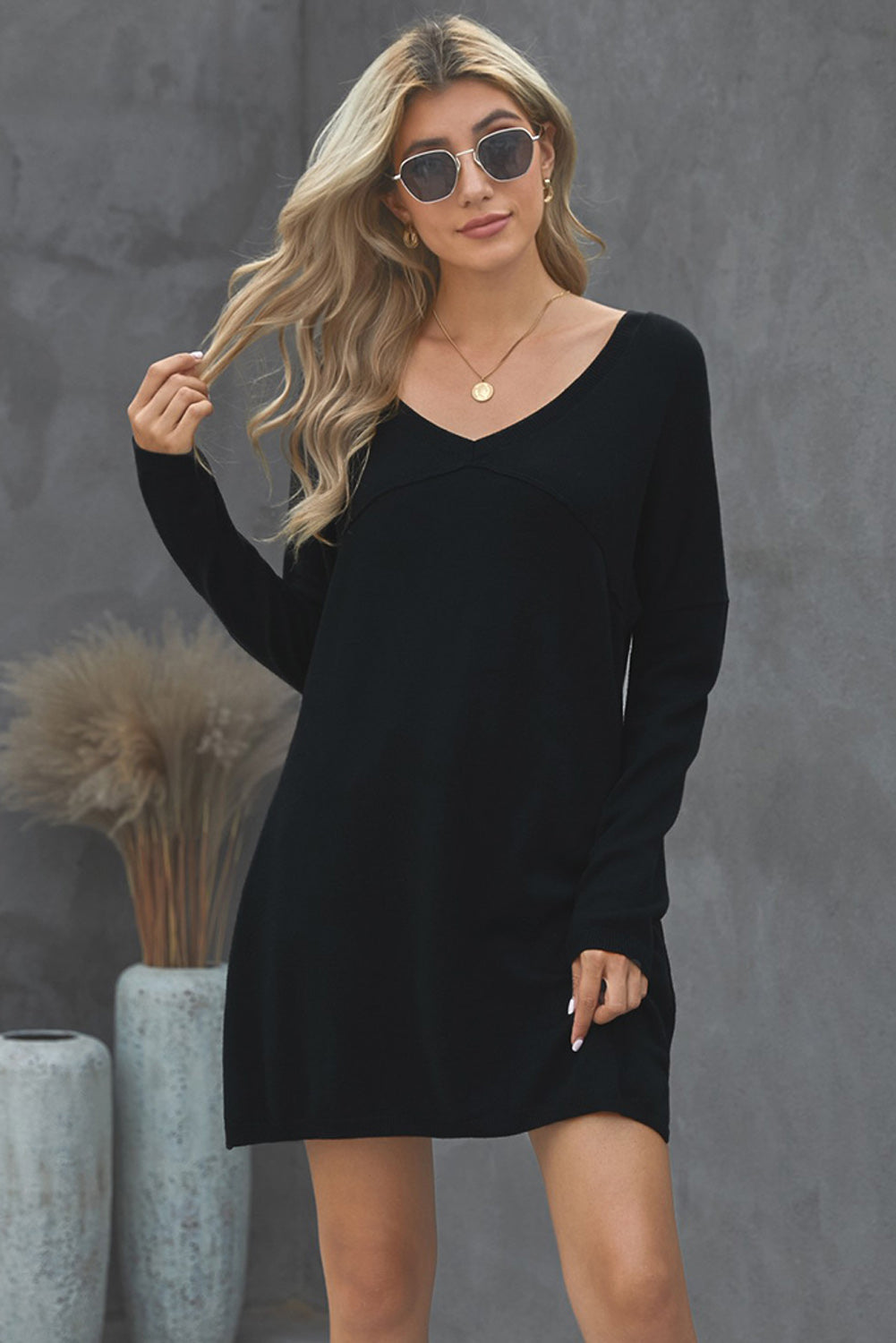 Women Gray Soft V Neck Sweater Dress Sai Feel