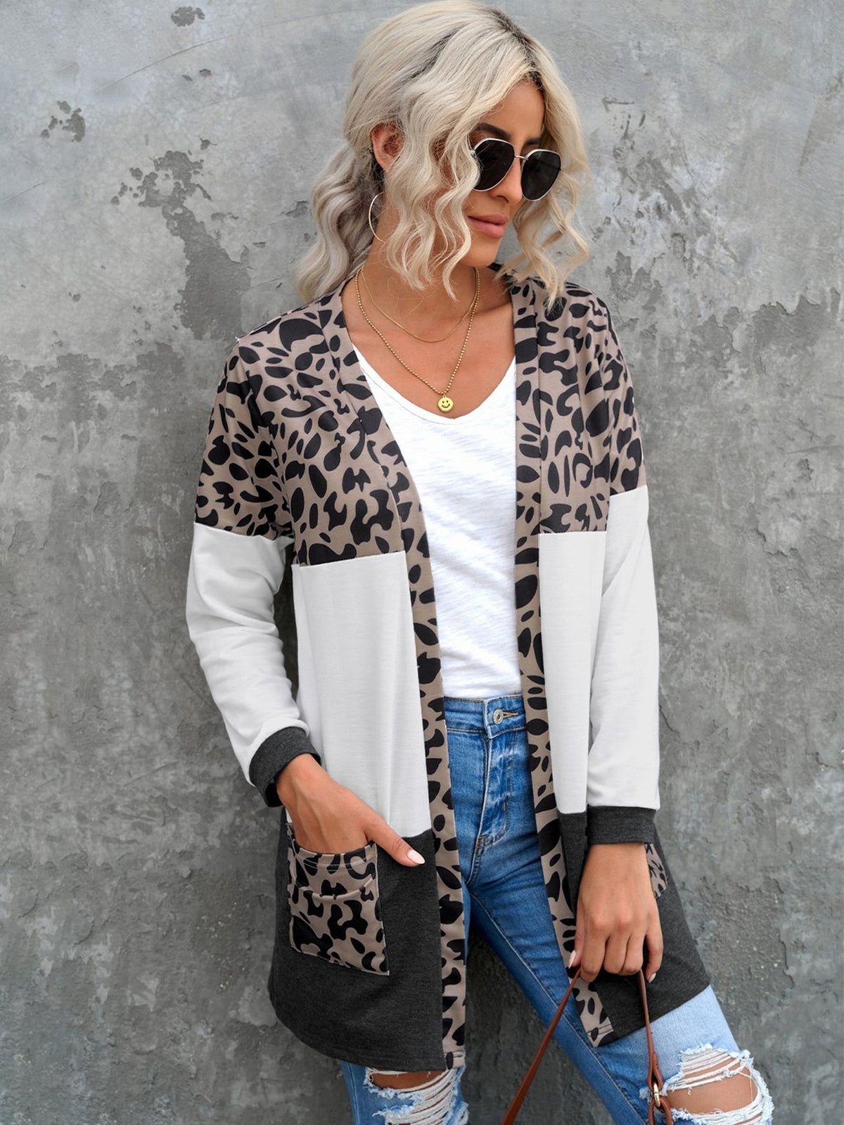 Women Heathered Taupe Leopard Block Cardigan Sai Feel