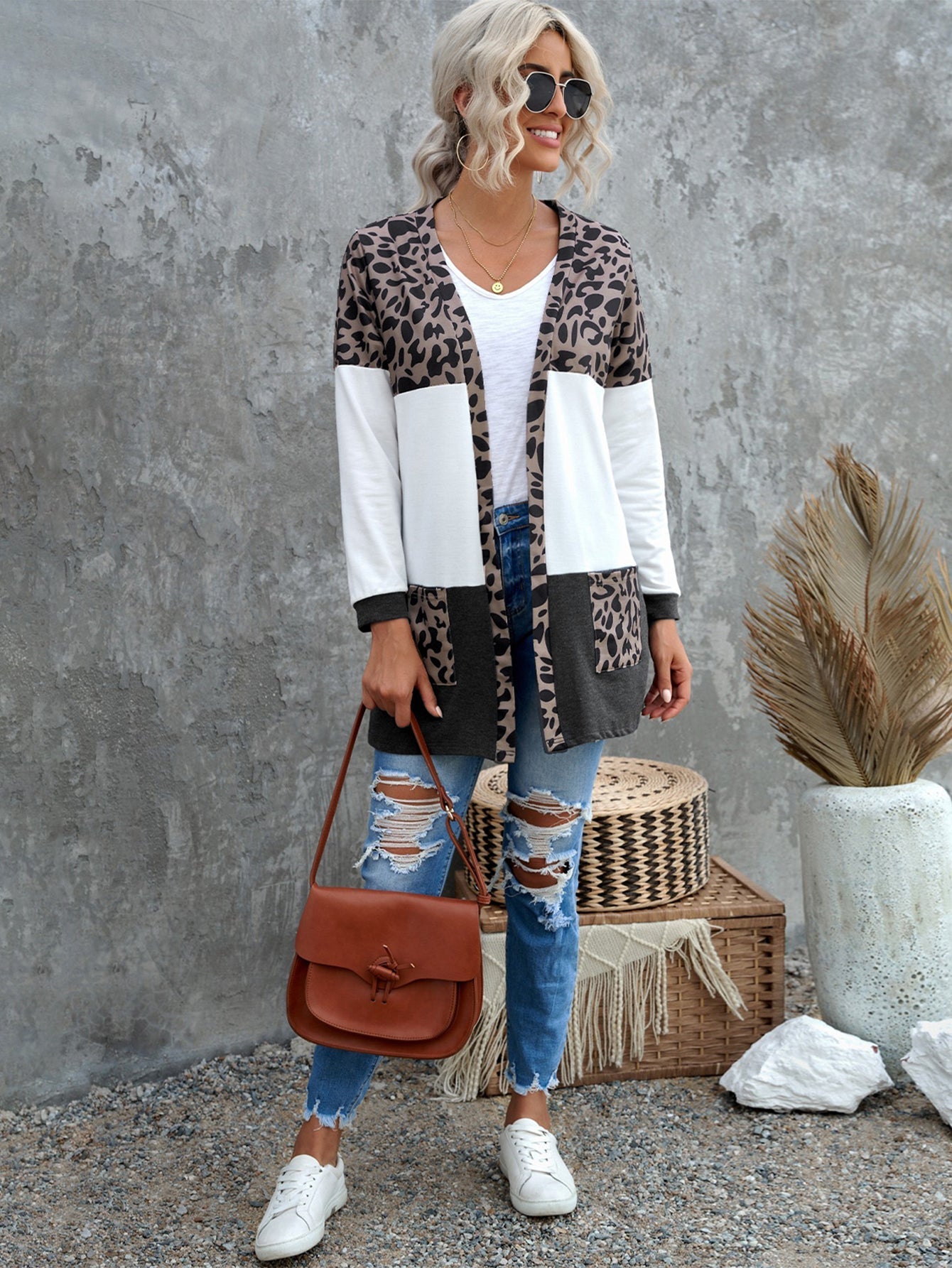 Women Heathered Taupe Leopard Block Cardigan Sai Feel