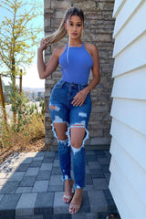 Women High Waist Denim Pencil Pants Casual Ripped Jeans Skinny Elastic Jeans Sai Feel