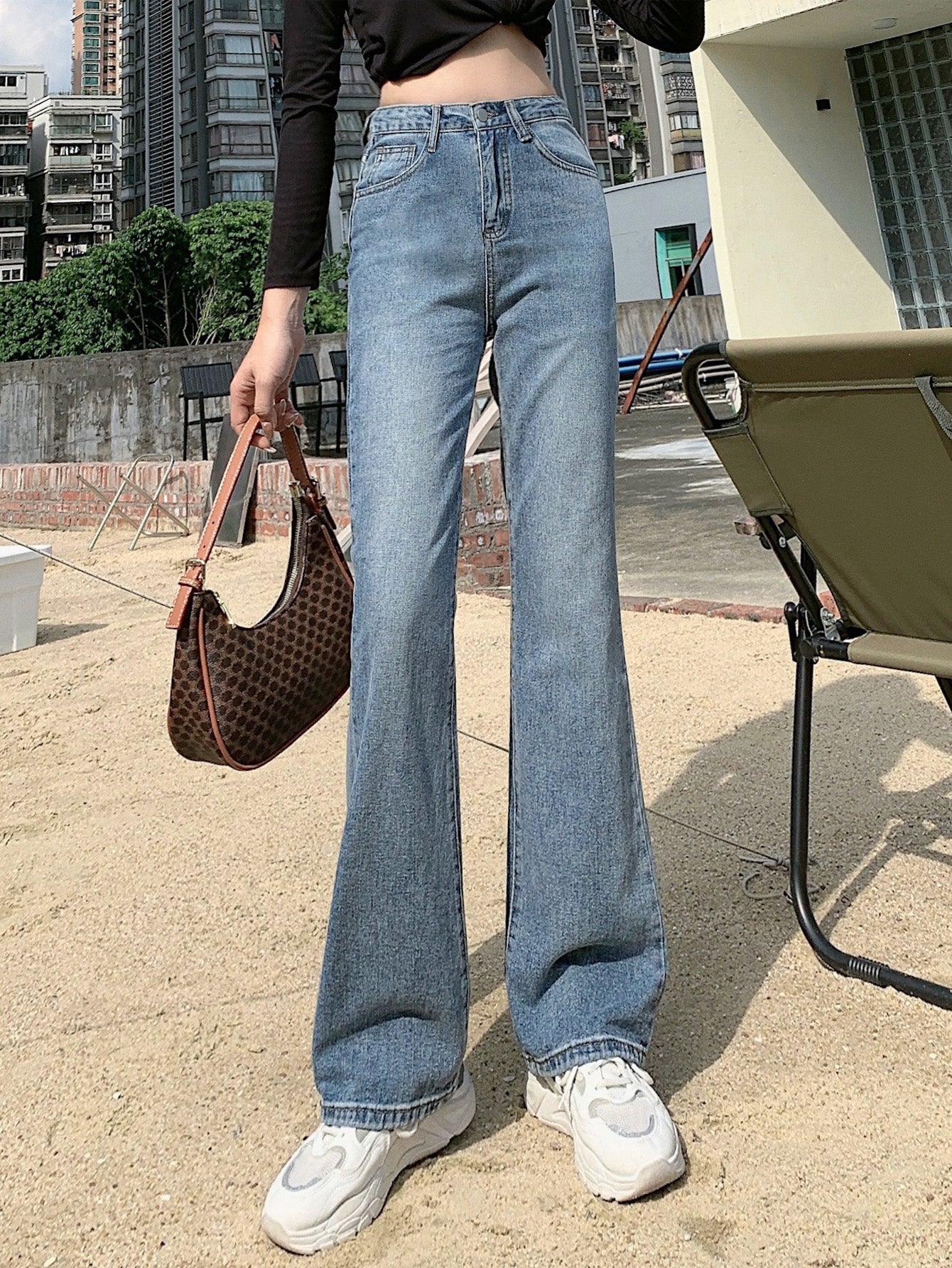 Women High Waist Tie Back Wide Leg Denim Long Pants Sai Feel