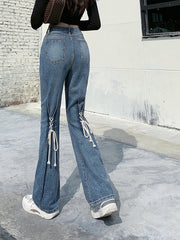 Women High Waist Tie Back Wide Leg Denim Long Pants Sai Feel