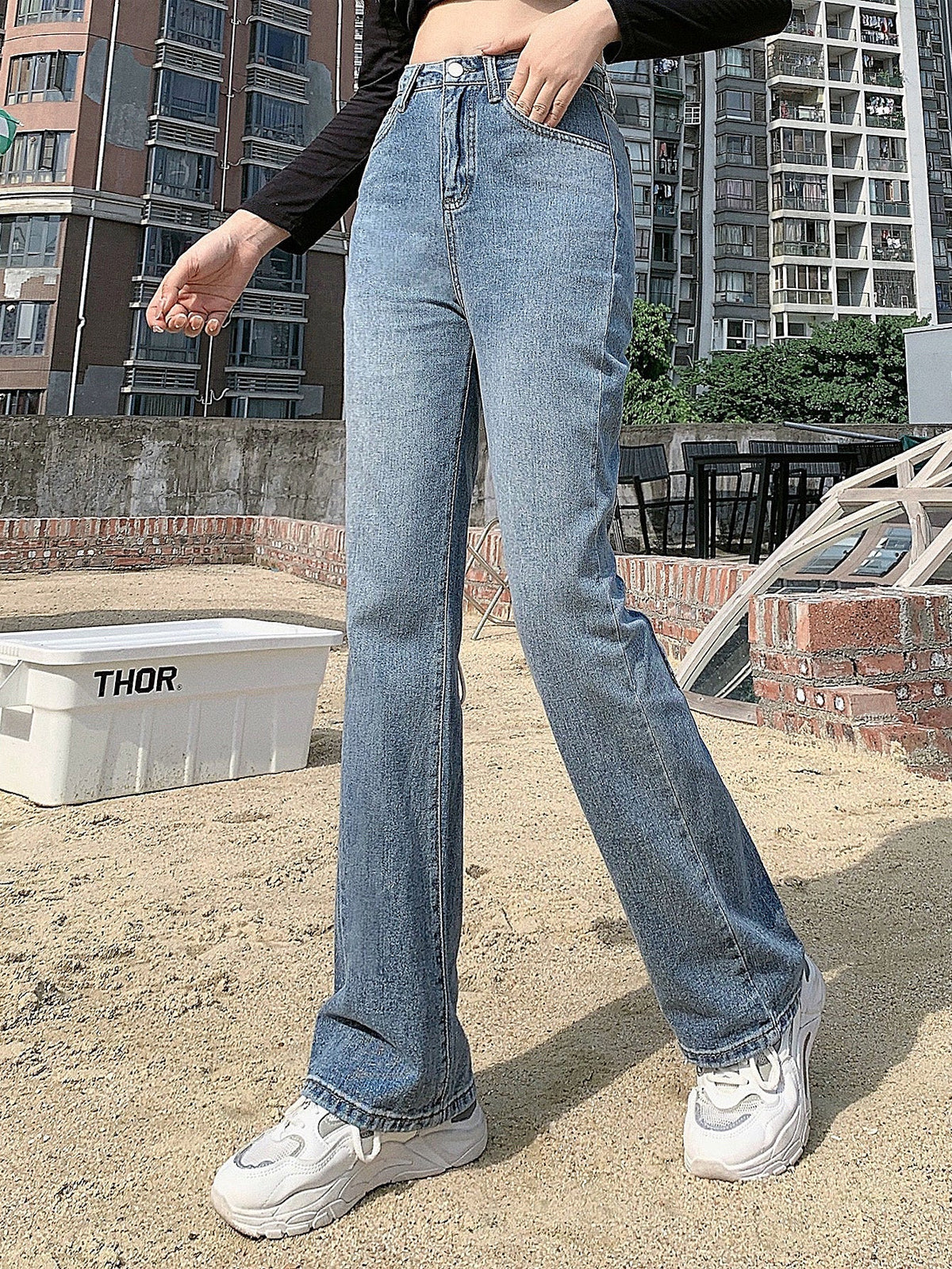 Women High Waist Tie Back Wide Leg Denim Long Pants Sai Feel