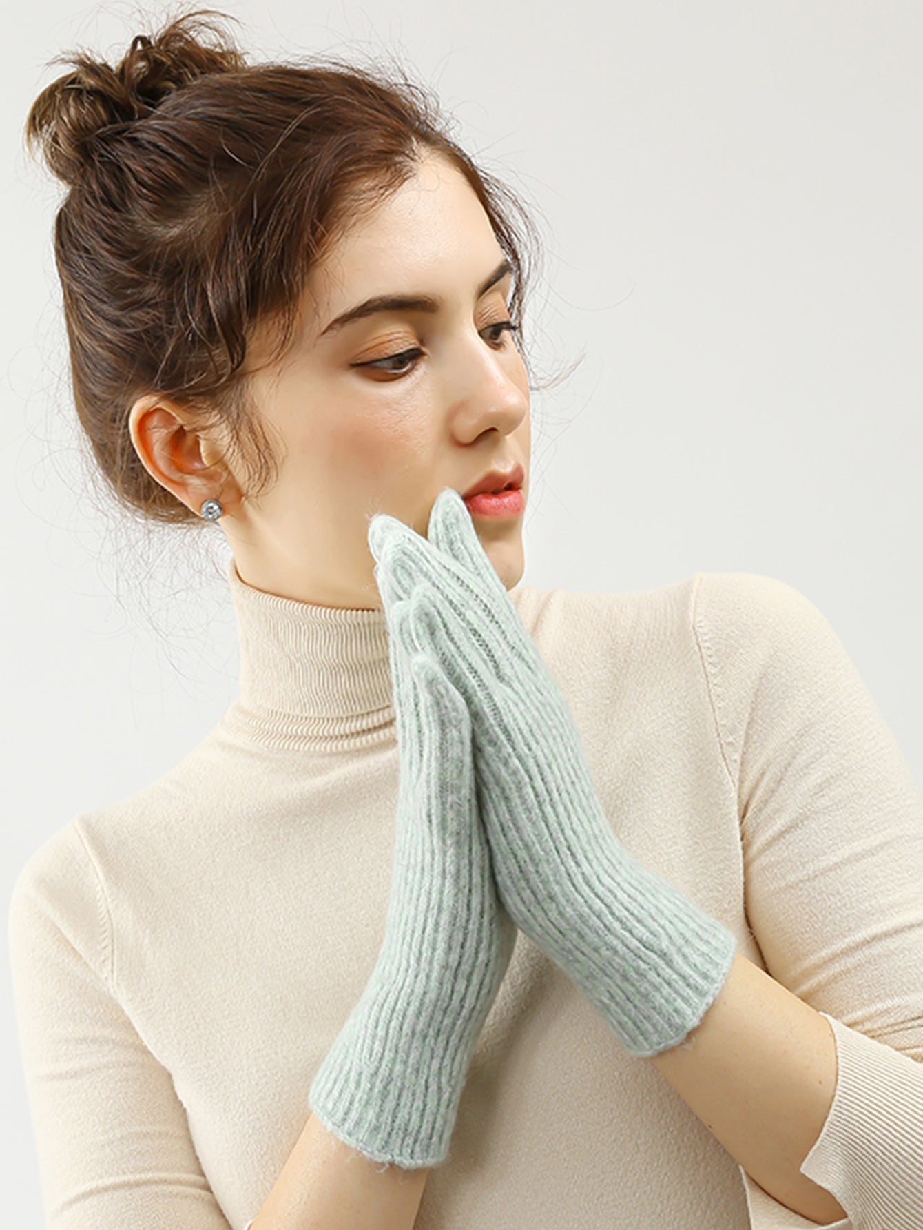Women Integrated molding Vertical stripe wool gloves Sai Feel