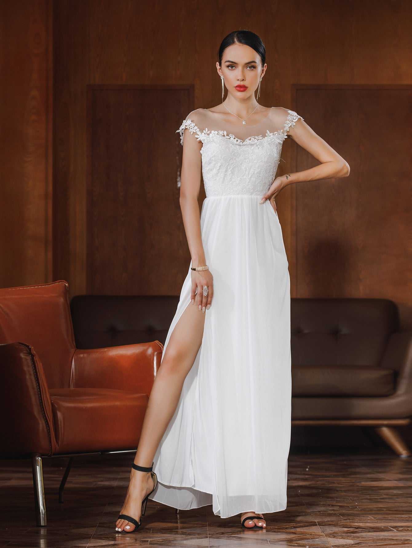 Women Lace Embroidered Backless Sexy Wedding Party Dress Sai Feel