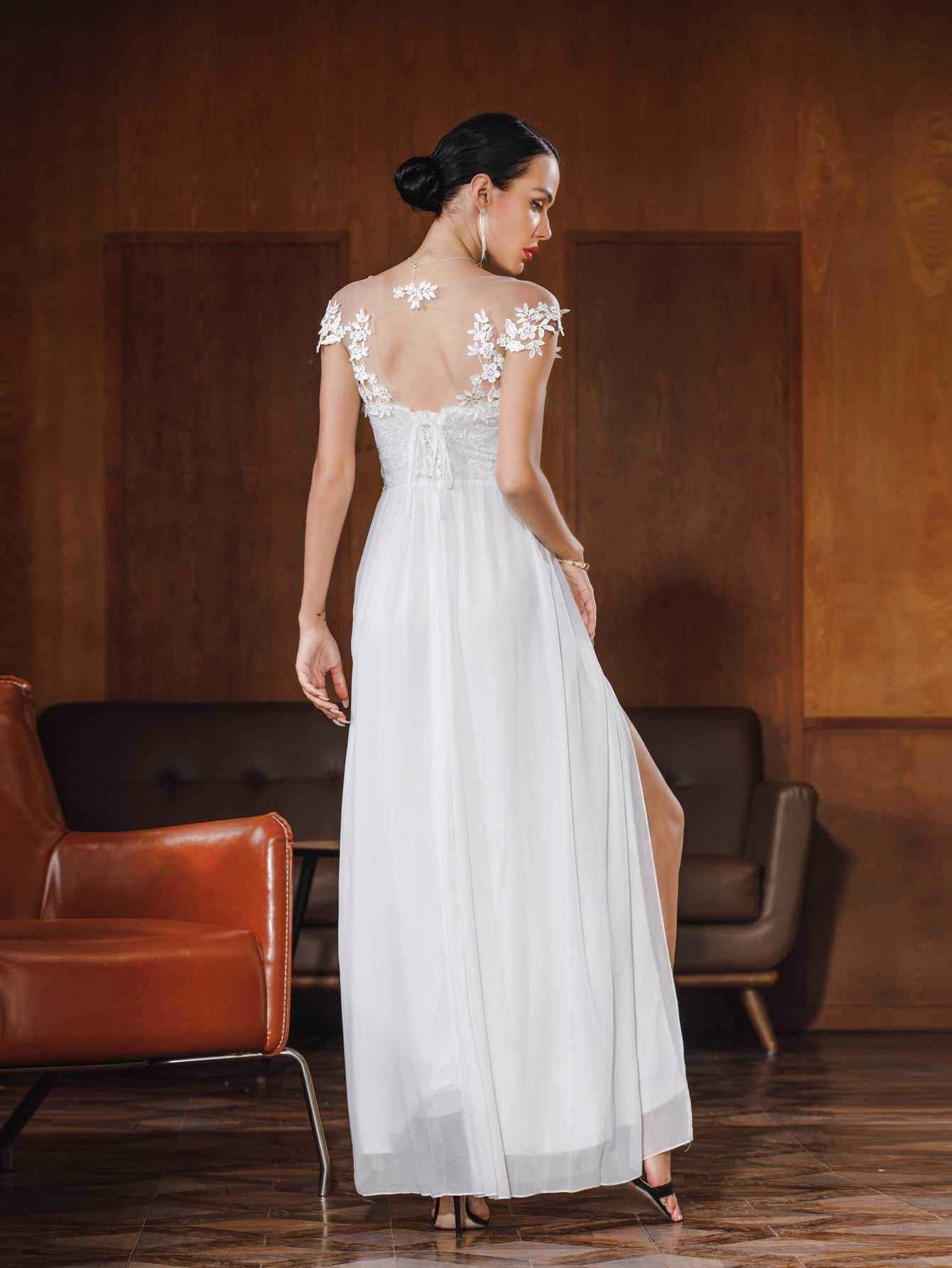 Women Lace Embroidered Backless Sexy Wedding Party Dress Sai Feel