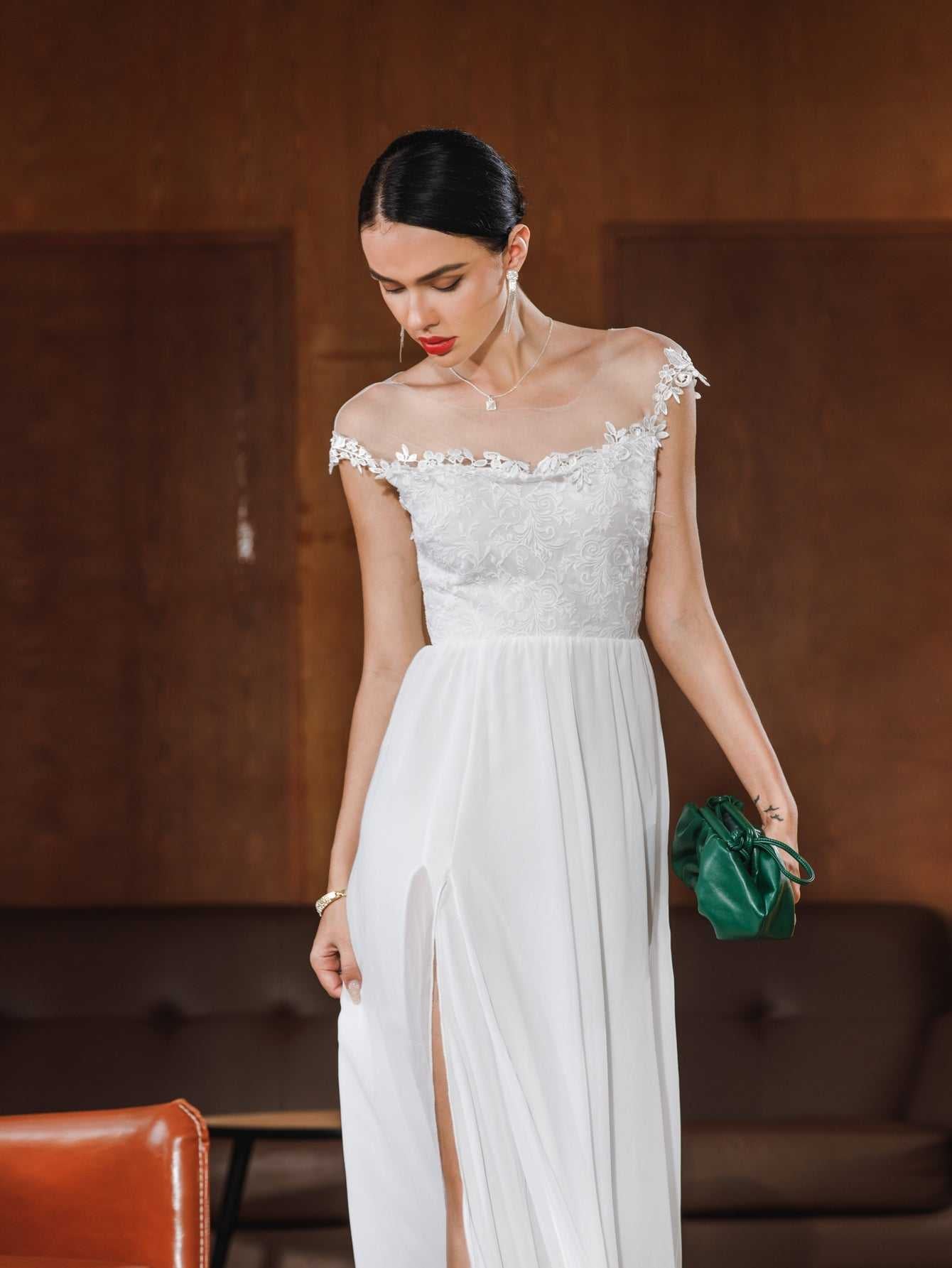 Women Lace Embroidered Backless Sexy Wedding Party Dress Sai Feel