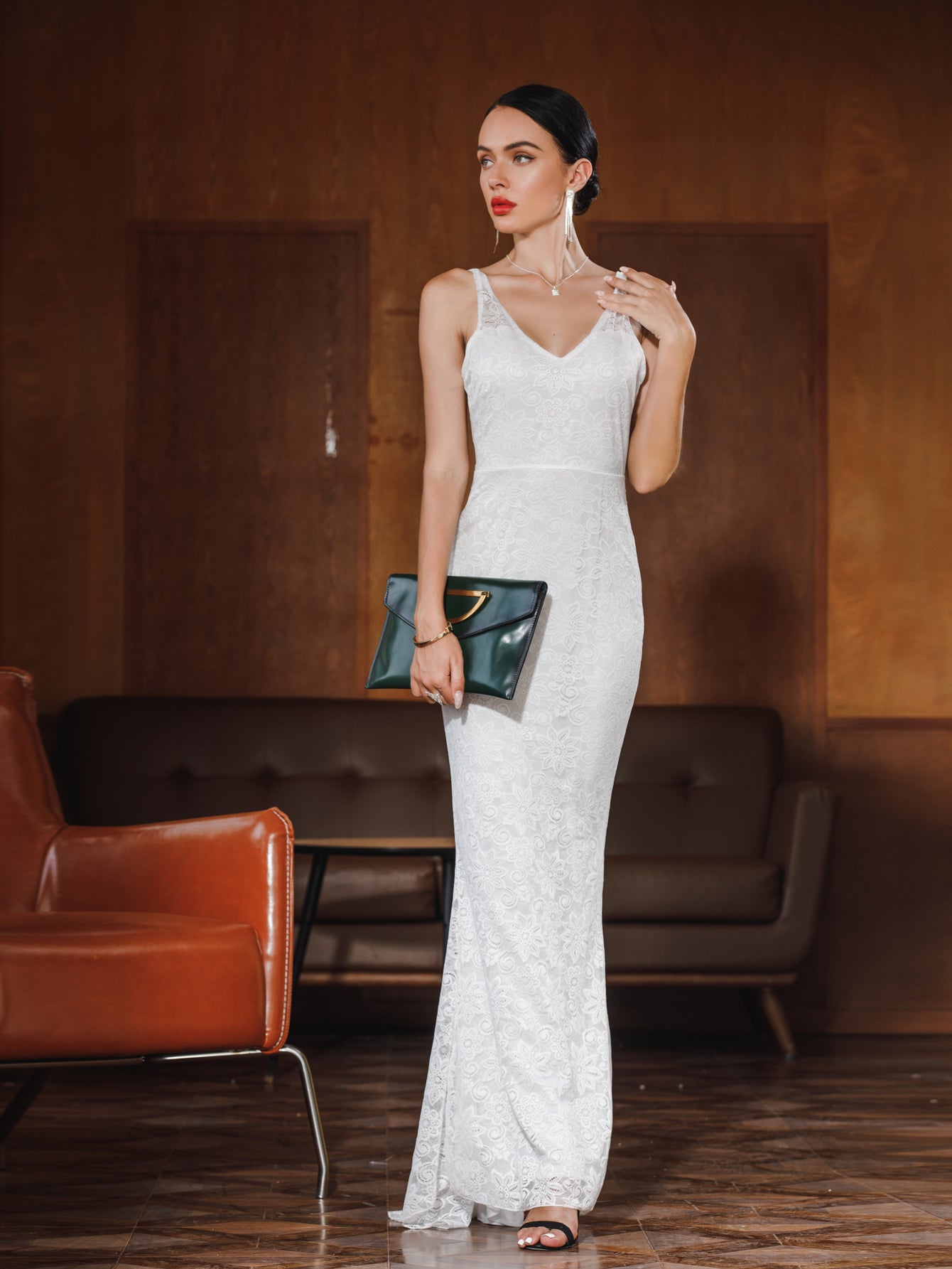 Women Lace Halter V Neck Sexy Evening Party Dress XL / White Women Lace Halter V Neck Sexy Evening Party Dress XL / White