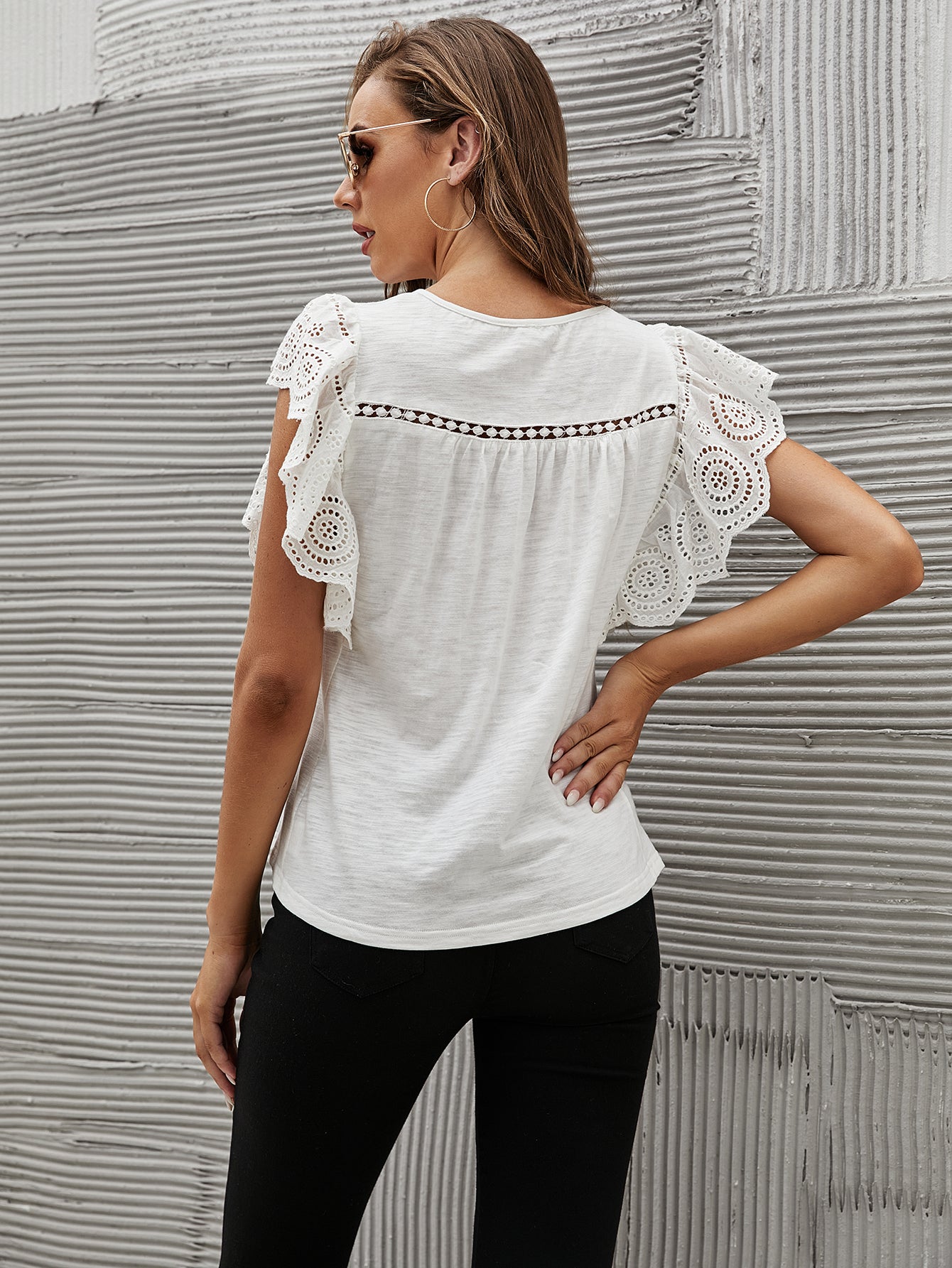 Women  Lace Patchwork Short Sleeve T-shirts Casual Cotton Women Tops  Blouse Sai Feel