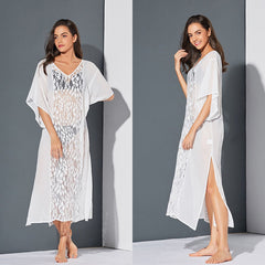 Women Lace Sheer Hollow Short Sleeve Side slit Long Maxi Sun Dress Sai Feel