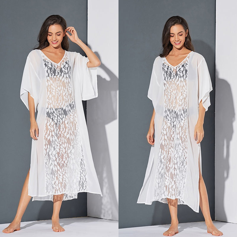 Women Lace Sheer Hollow Short Sleeve Side slit Long Maxi Sun Dress Sai Feel