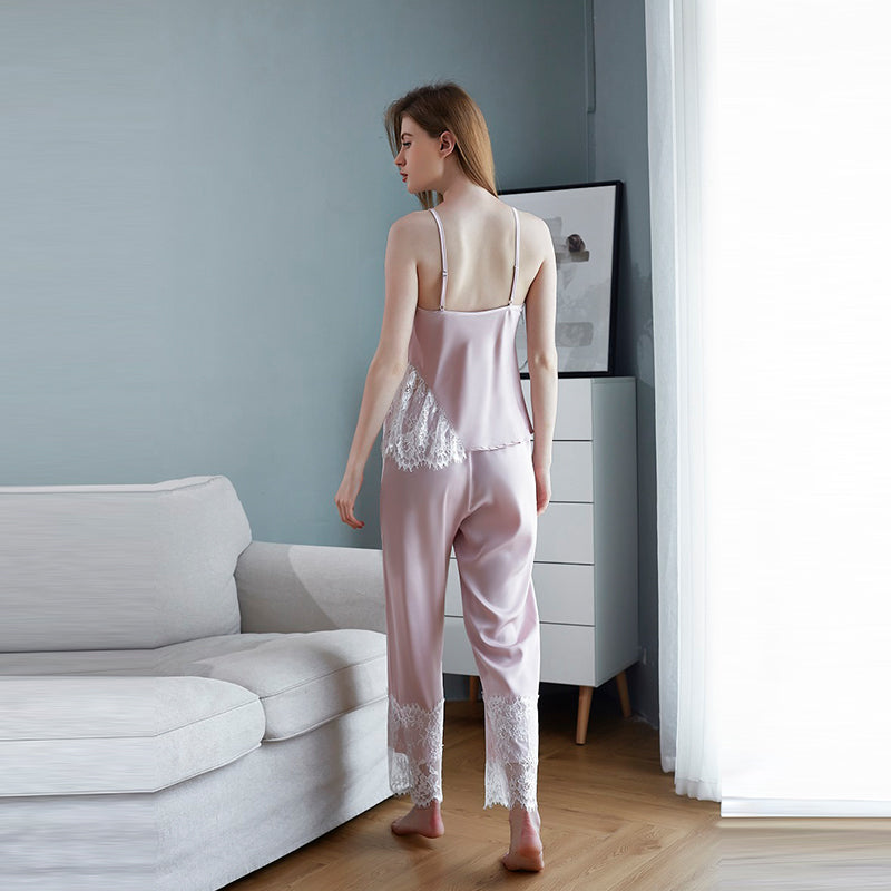 Women Lace V Neck Nightwear Pajamas Set Sleeveless Spaghetti Strap Vest+long Pants Lingerie Set Sleeping Wear Sai Feel