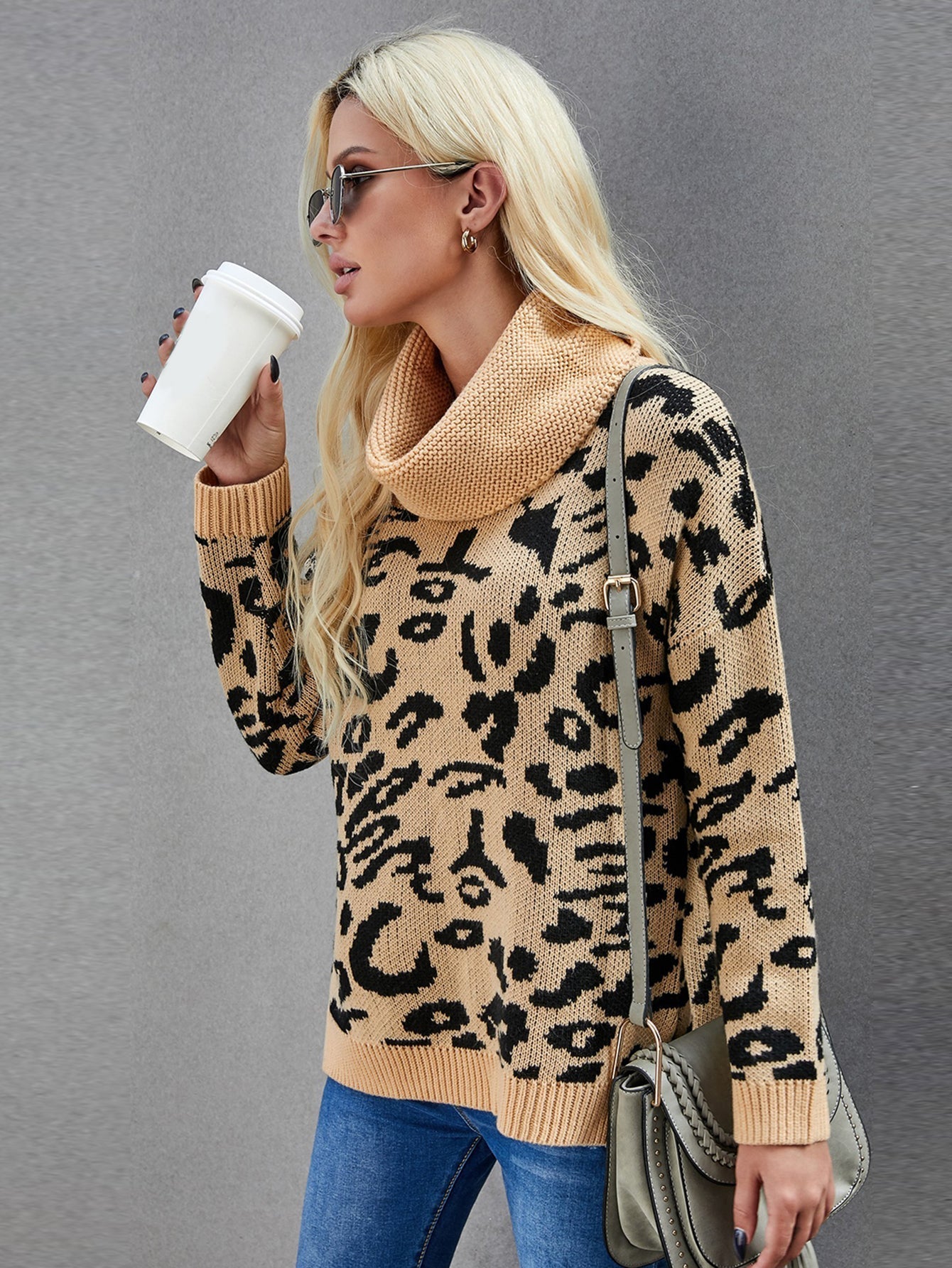 Women Leopard Cozy Long Sleeves Turtleneck Sweater Tops Sai Feel