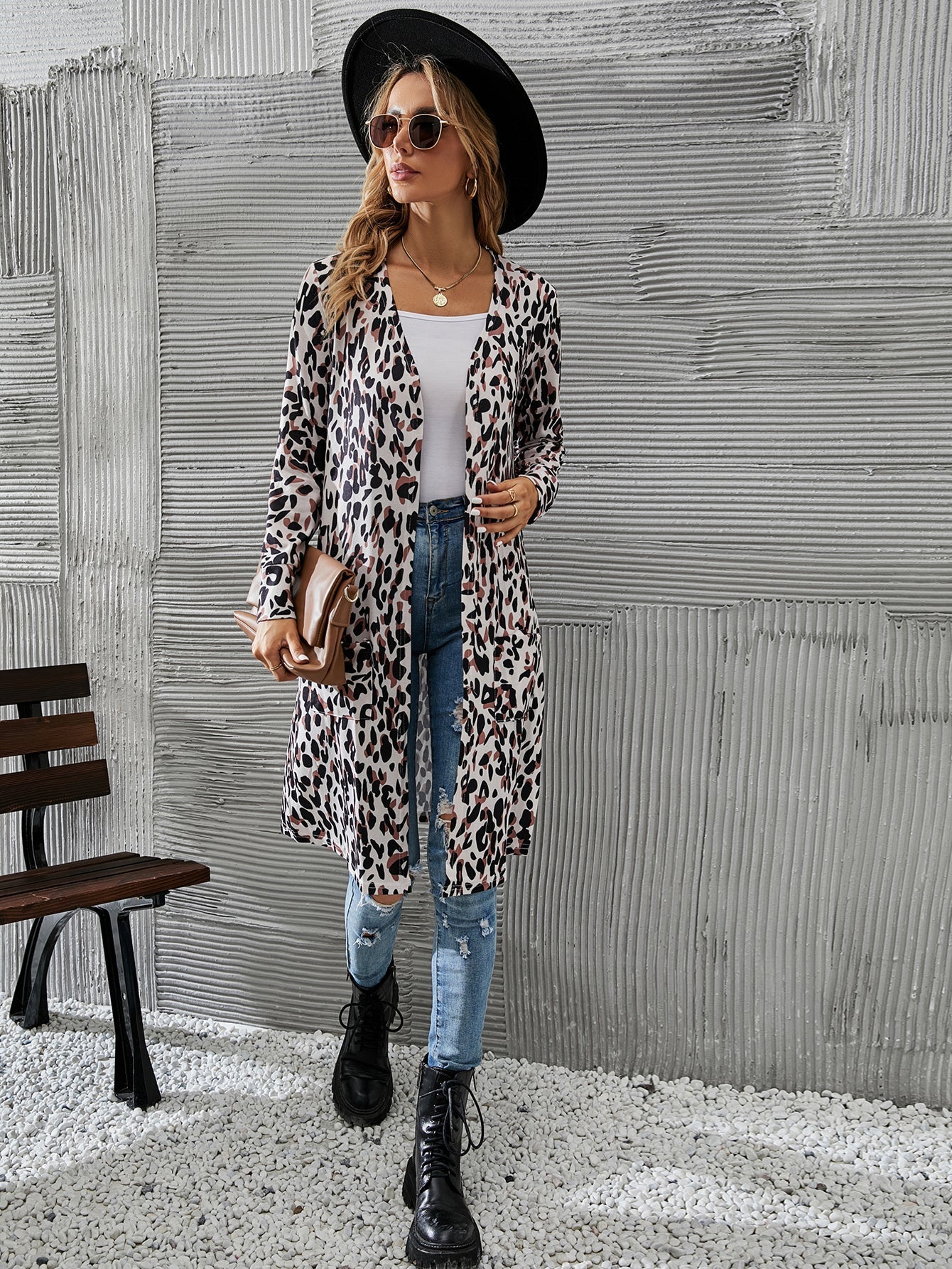 Women Leopard  Long Sleeve Open Front Cardigan Coat Outwear Sai Feel