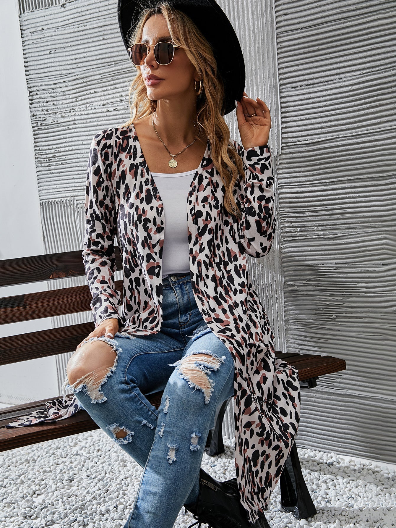 Women Leopard  Long Sleeve Open Front Cardigan Coat Outwear Sai Feel