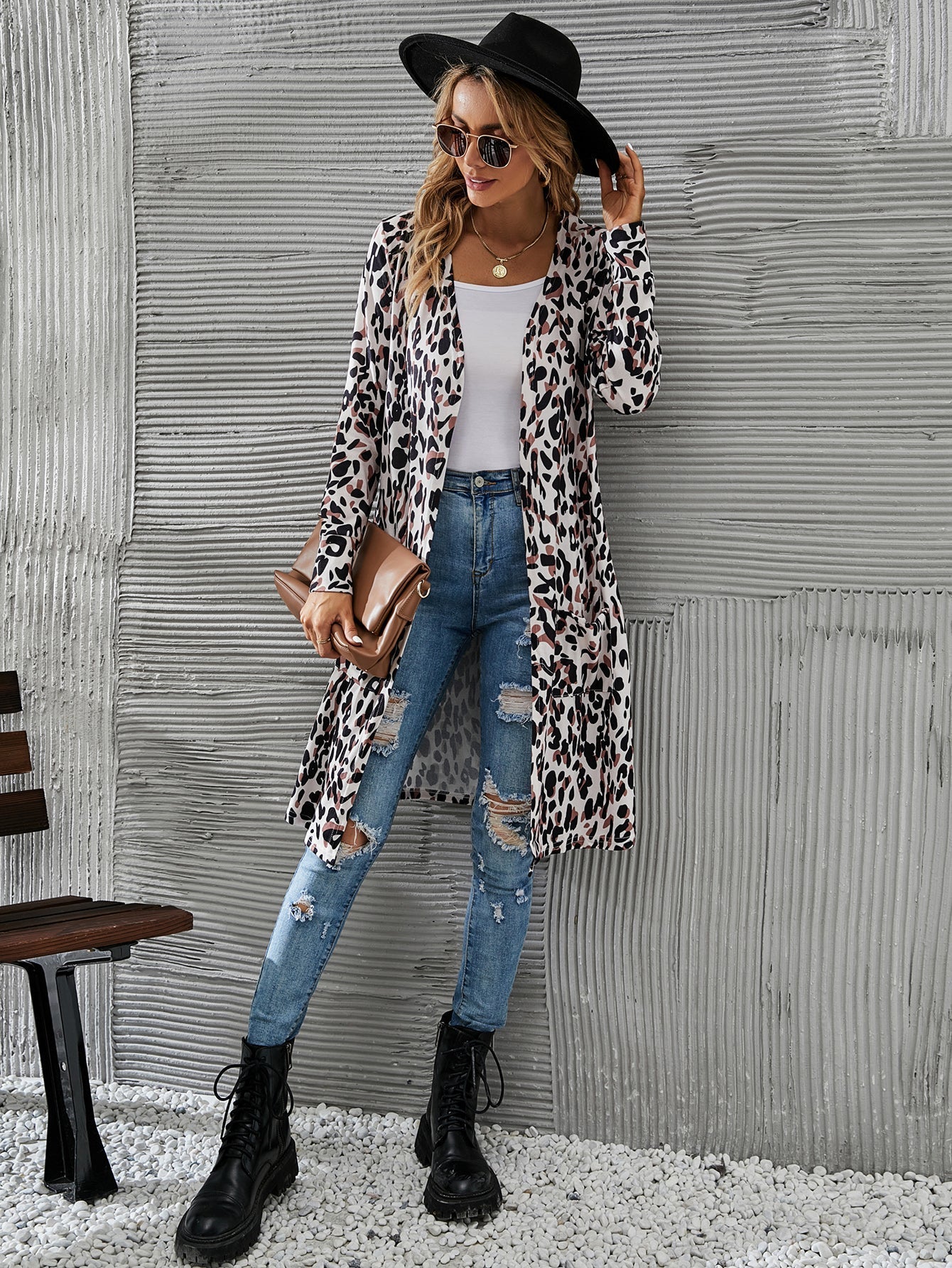 Women Leopard  Long Sleeve Open Front Cardigan Coat Outwear Sai Feel