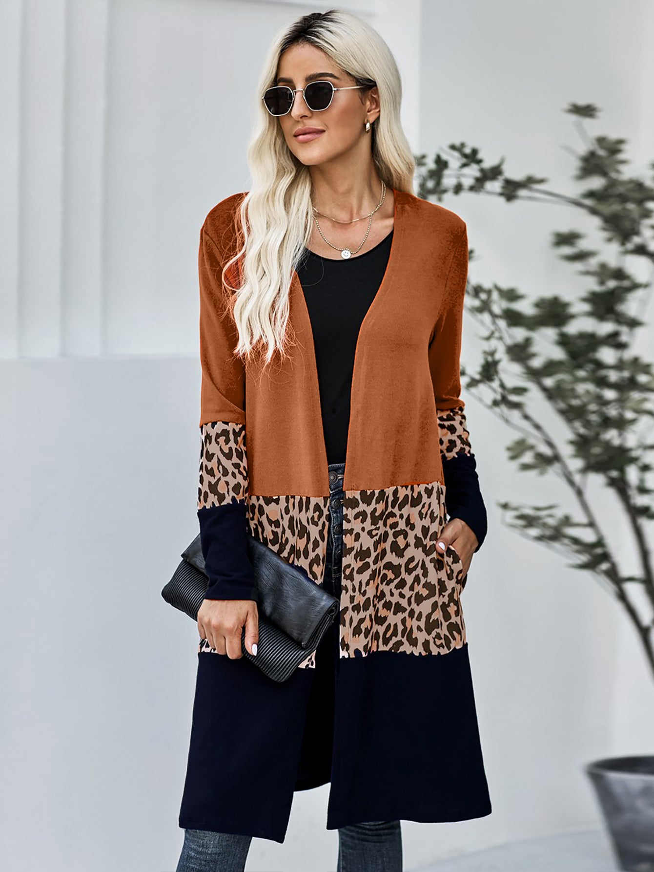 Women Leopard Splicing Colorblock Cardigan Sai Feel