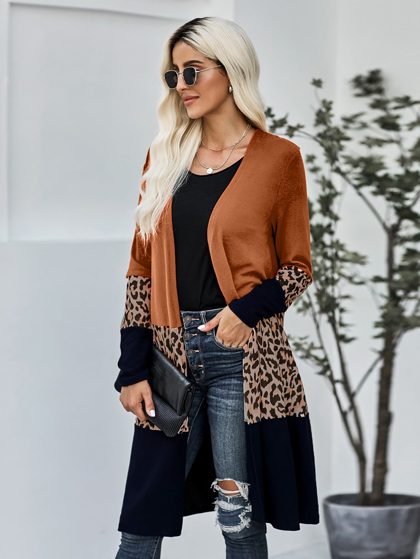 Women Leopard Splicing Colorblock Cardigan Sai Feel