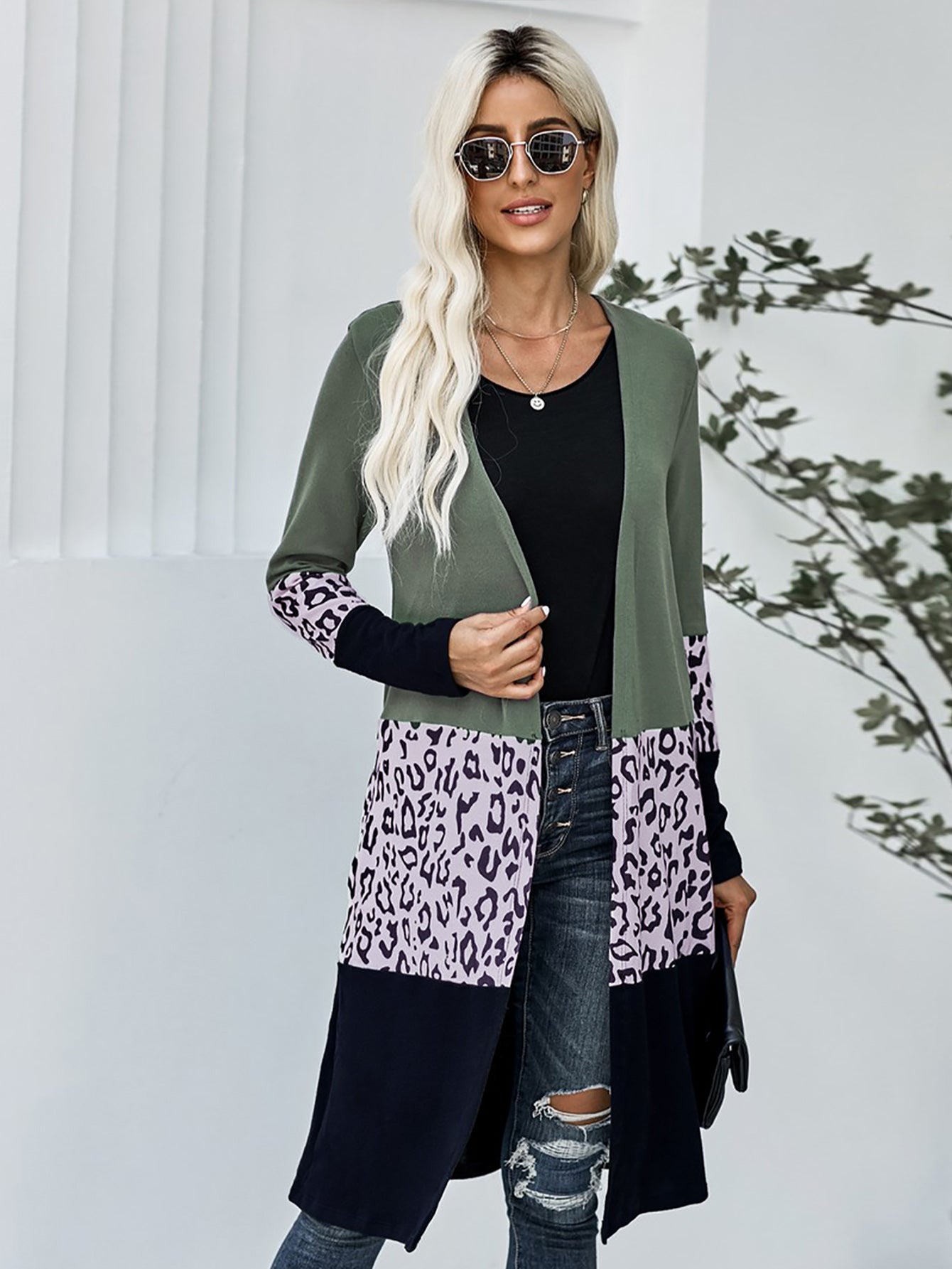 Women Leopard Splicing Colorblock Cardigan Sai Feel
