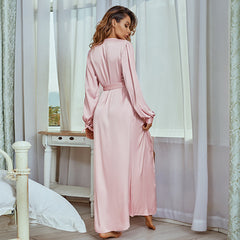 Women Lingerie Long Robe long sleeve Satin Lace Chemise Silky Nightgown Sexy Full Slips Sleepwear Pajamas with waist band Sai Feel