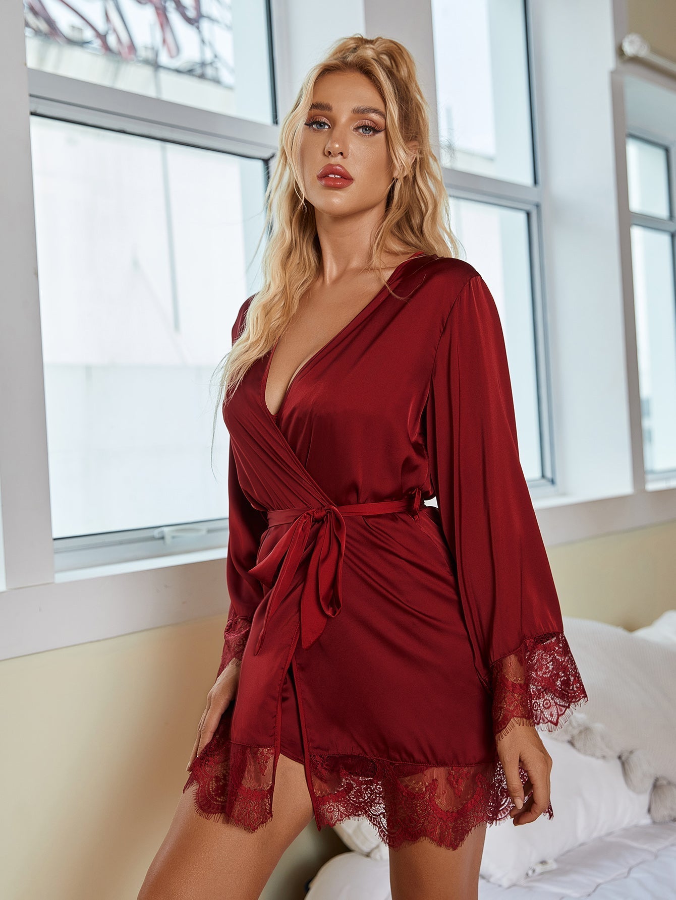 Women Lingerie Satin Lace Chemise Silky Nightgown Sexy Full Slips Sleepwear Pajamas with waistband Sai Feel