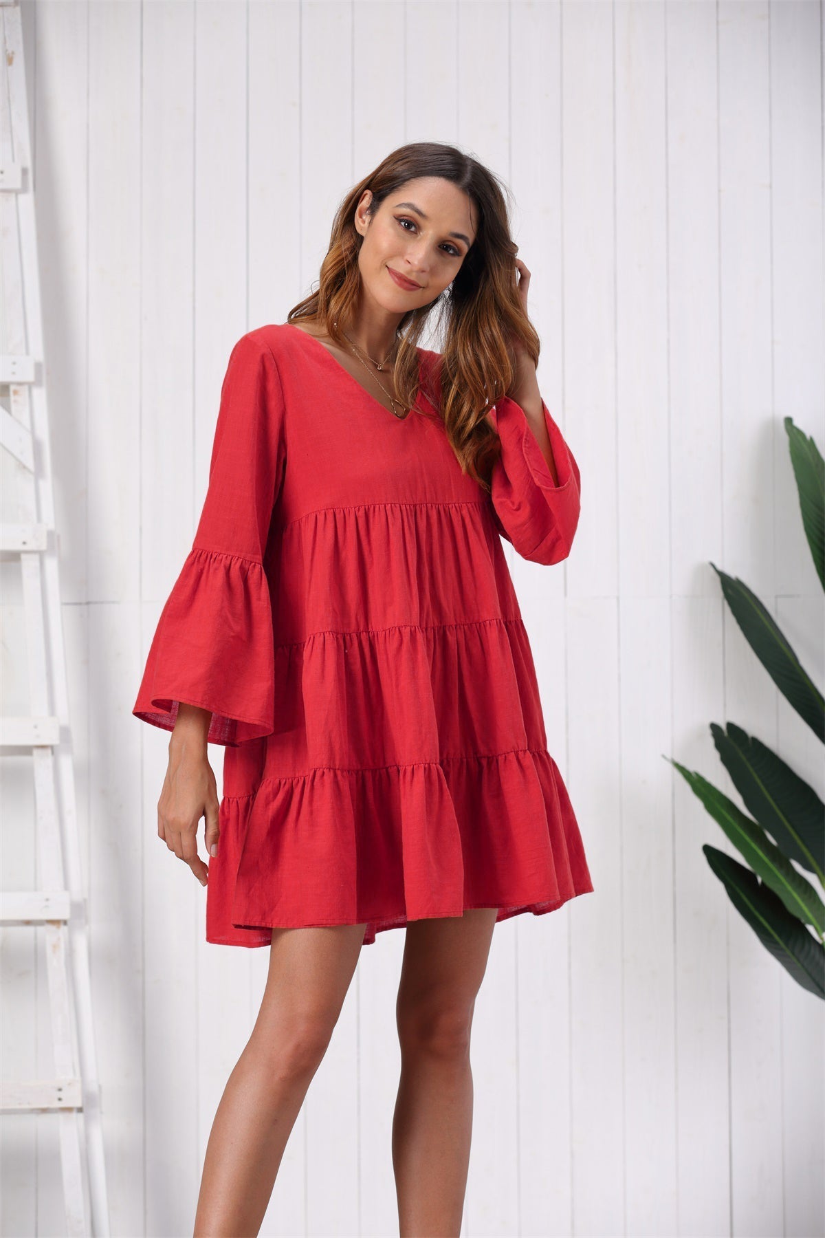 Women Long Flare Sleeve V Neck Casual Dress Baggy short Dress Sai Feel