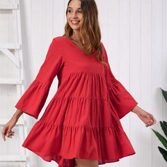 Women Long Flare Sleeve V Neck Casual Dress Baggy short Dress Sai Feel