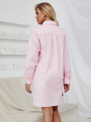 Women Long Sleeve Solid Color Casual  Button Shirt Dress Short Dresses Sai Feel