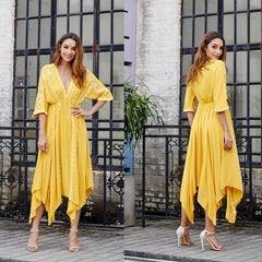 Women Loose short sleeve Deep V Neck Casual Irregular Hem Long Dress Sai Feel