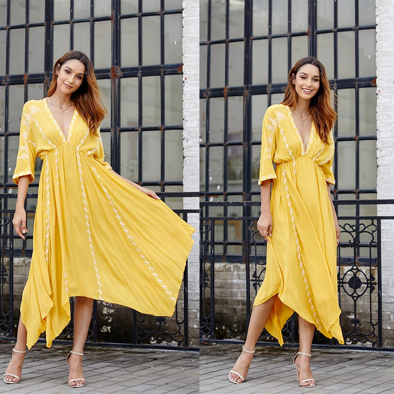 Women Loose short sleeve Deep V Neck Casual Irregular Hem Long Dress Sai Feel