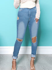 Women Middle Waist Pencil Jeans Casual Blue Ripped Denim Pants Sai Feel