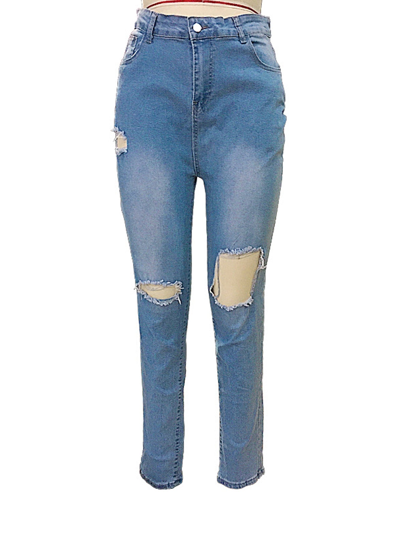 Women Middle Waist Pencil Jeans Casual Blue Ripped Denim Pants Sai Feel