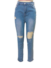 Women Middle Waist Pencil Jeans Casual Blue Ripped Denim Pants Sai Feel