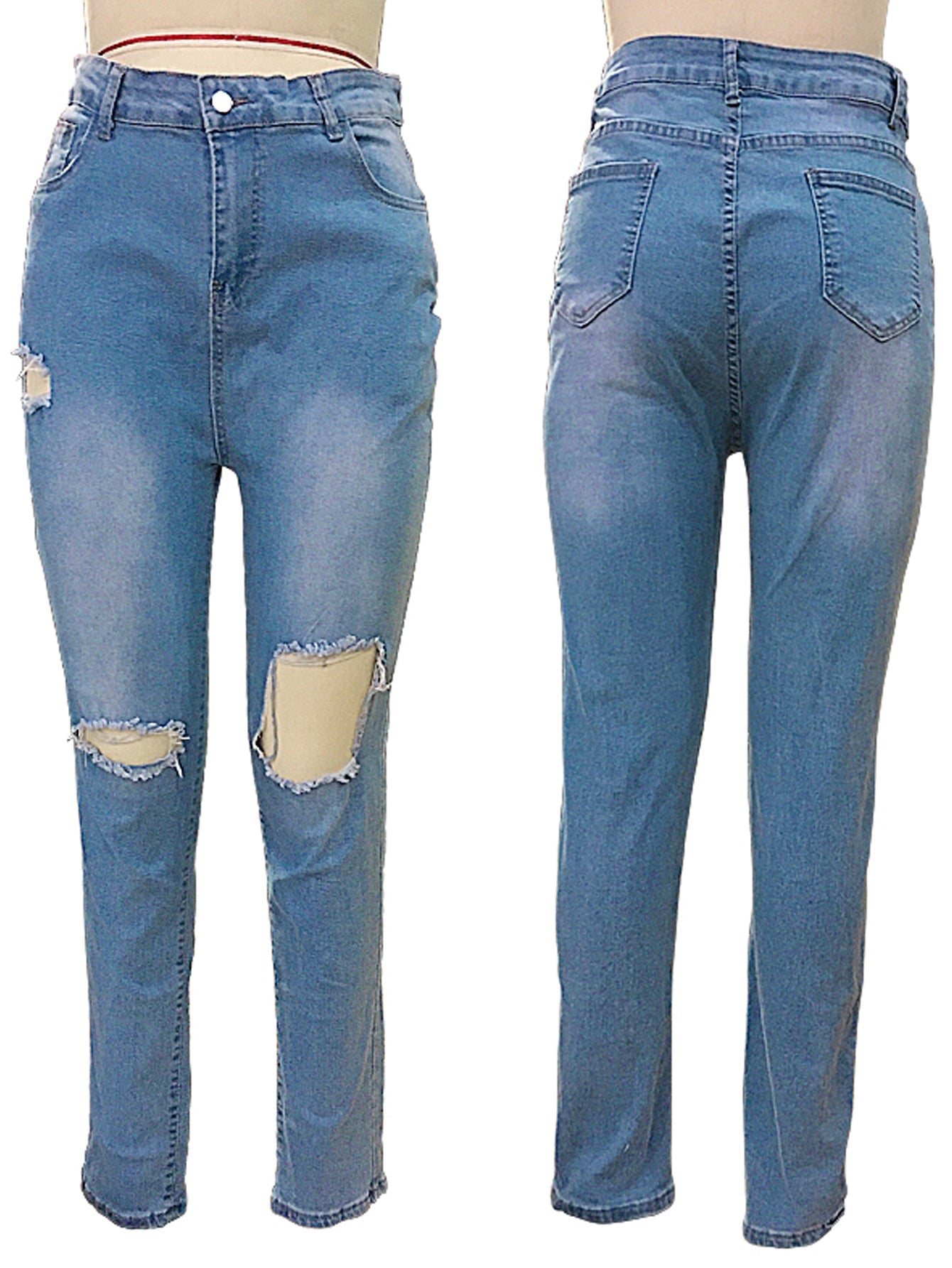 Women Middle Waist Pencil Jeans Casual Blue Ripped Denim Pants Sai Feel