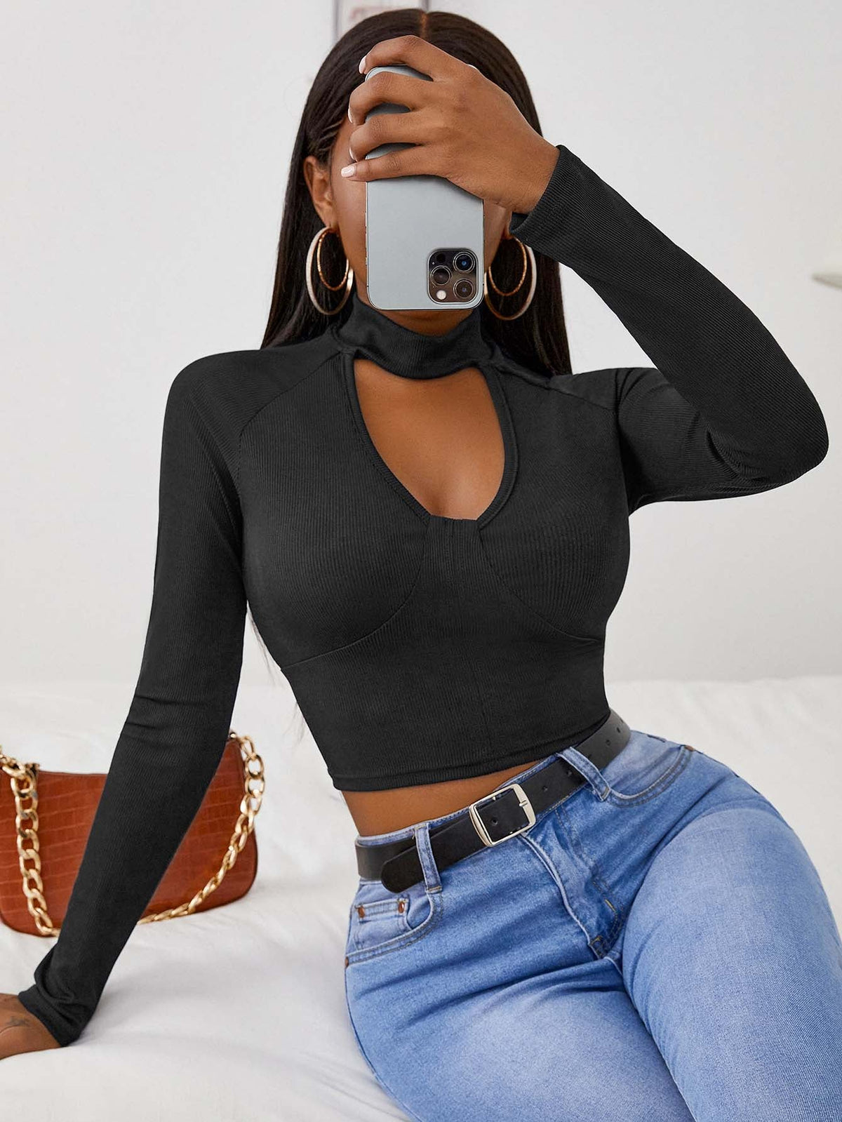 Women Mock Neck Long Sleeve Cut Out Open Front Crop Top Tee Shirt Sai Feel