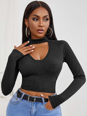 Women Mock Neck Long Sleeve Cut Out Open Front Crop Top Tee Shirt Sai Feel