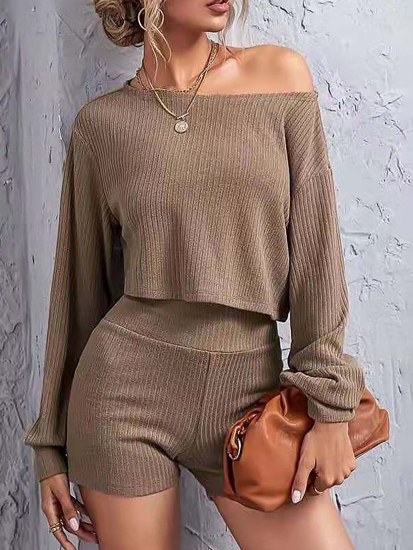 Women Off Shoulder Long Sleeve Crop Top Shirt Shorts Suit(1pc Top + shorts ) Sai Feel