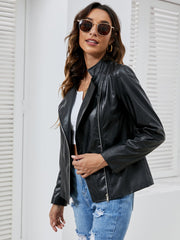 Women PU Leather front Zipper Slim  Long Sleeve Jacket Sai Feel