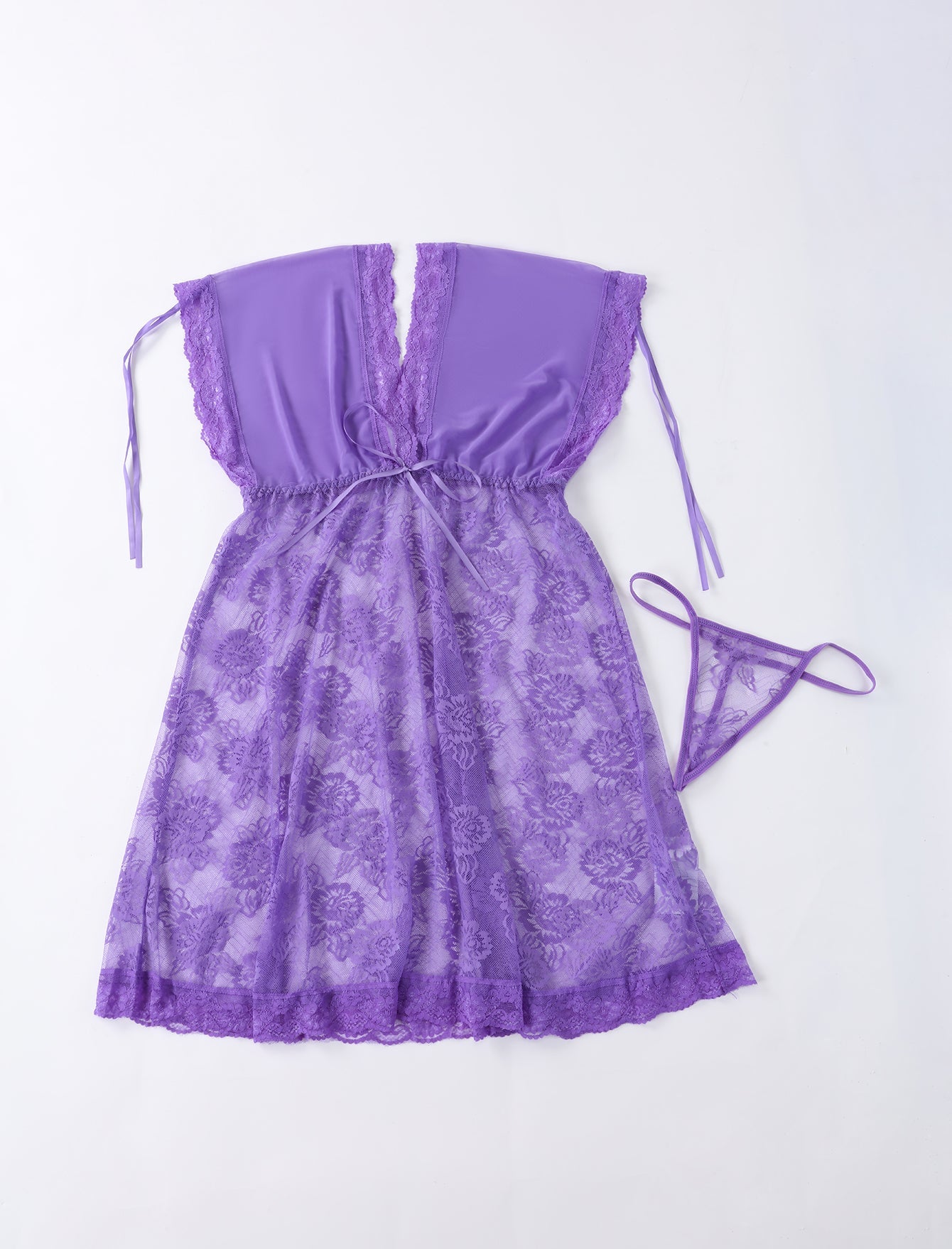 Women Perspective Lace Lingerie Women Robe Dress Babydoll Nightdress Nightgown Sleepwear With G-String Sai Feel