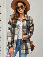 Women Plaid Print Buttoned Shirt Jacket Sai Feel