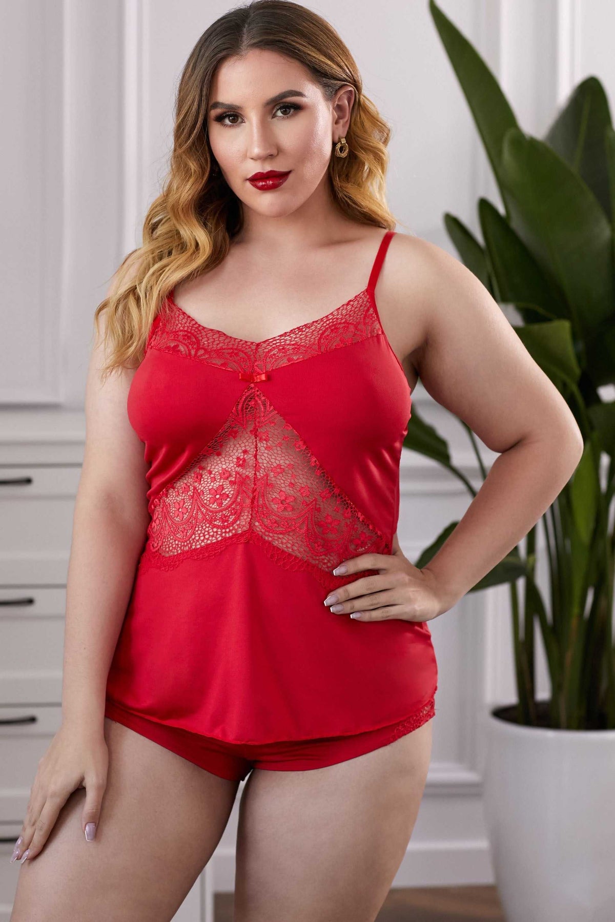 Women Plus Size Lingerie V Neck Sexy Babydoll Lace Sleepwear Sets Cami Shorts Set Nightwear Pajamas Sai Feel