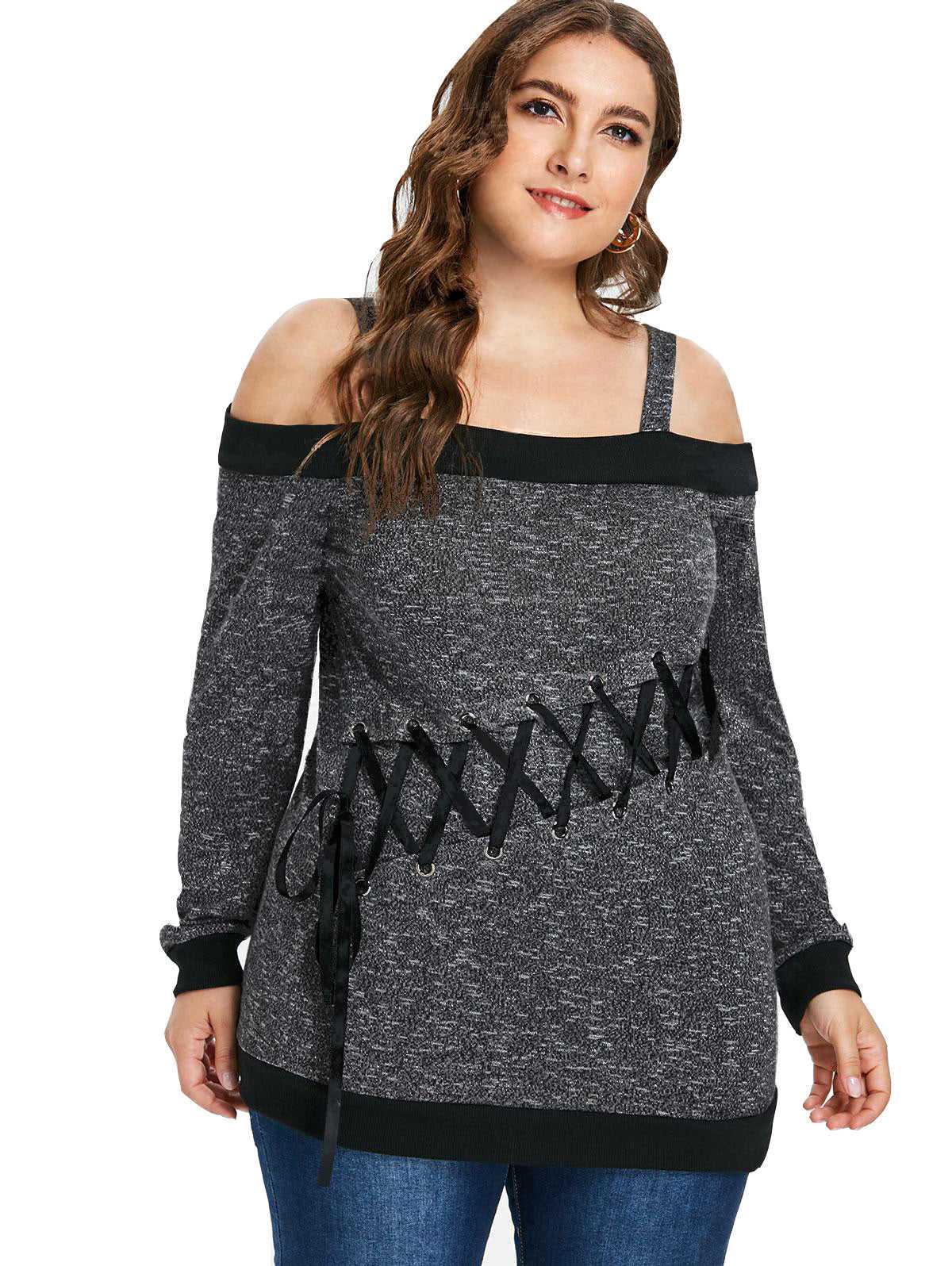 Women Plus Size Off Shoulder Cross Ribbon Knit Sweater Sai Feel