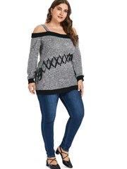 Women Plus Size Off Shoulder Cross Ribbon Knit Sweater Sai Feel
