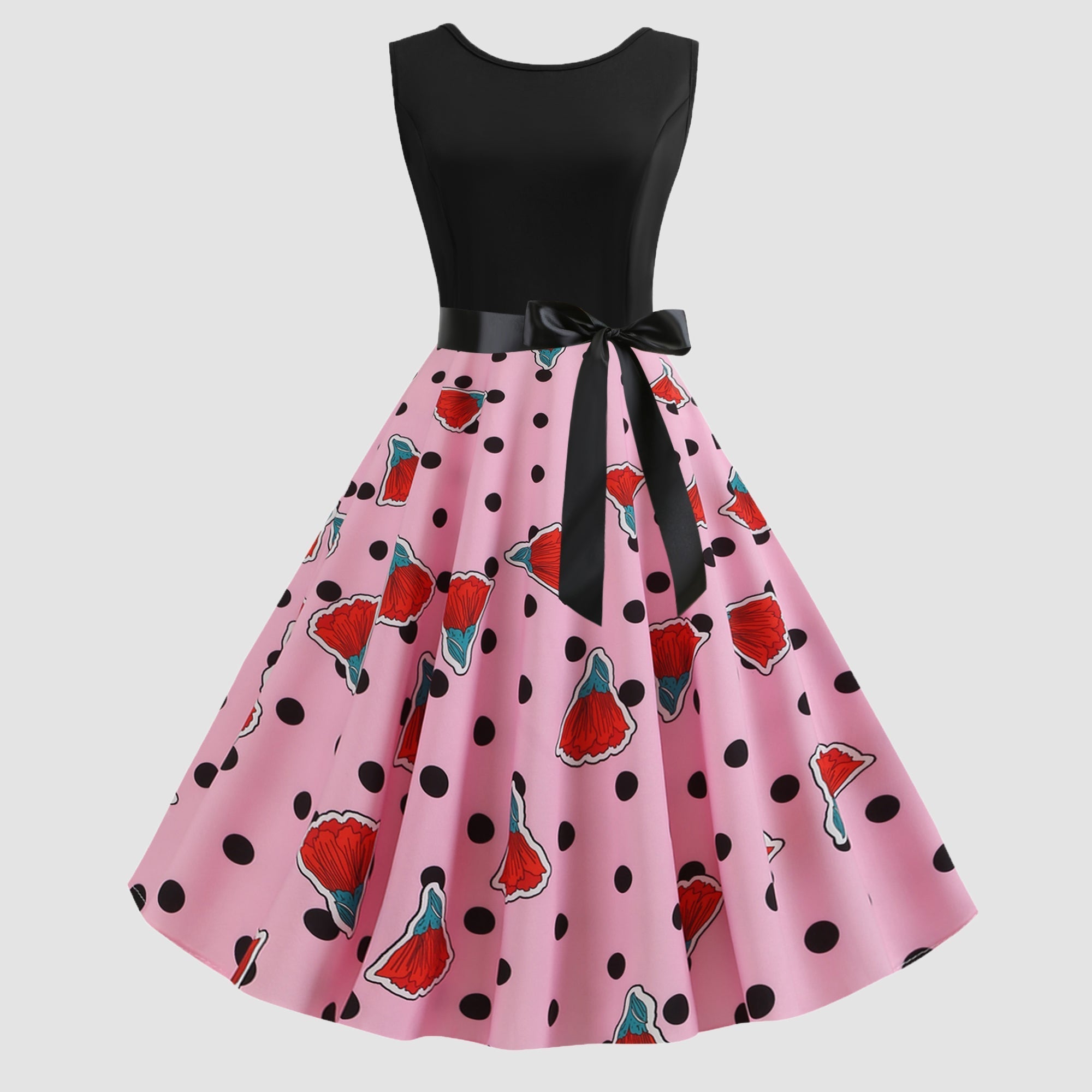 Women Polka splice floral round neck sleeveless dress Sai Feel