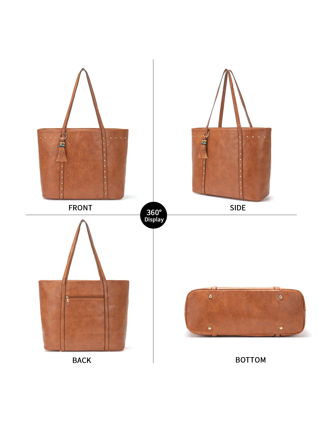 Women Retro Tote handbag Satchel Purse Shoulder Bag Rivet Decoration Zippred Top-handle Bags with Tassel Sai Feel