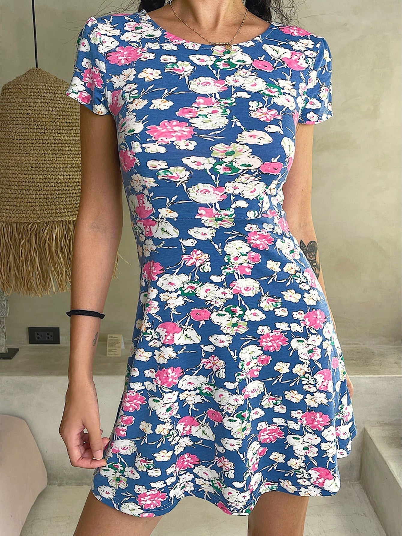 Women Round Neck Short Sleeve Dress Slim Floral Print Dress Sai Feel