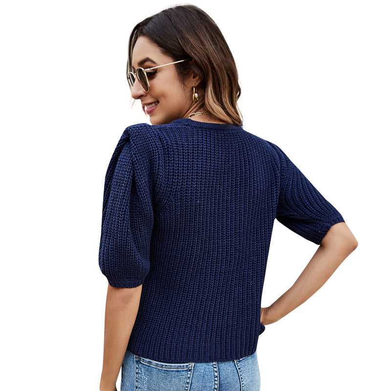 Women'S Solid Color Casual Loose Sweater With Puff Sleeve Knitted Cardigan Sai Feel