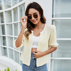 Women'S Solid Color Casual Loose Sweater With Puff Sleeve Knitted Cardigan Sai Feel