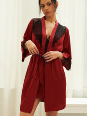 Women Satin 2PCS Pajamas Sets Lace Nightgown Sleepwear with G-String Sai Feel